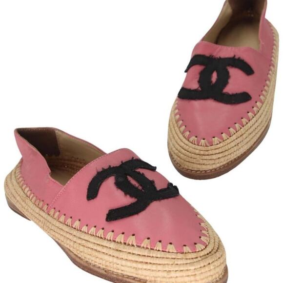Chanel Espadrille 37 Lambskin Leather Woven Raffia Flats CC-S0207P-C014 - Picture 1 of 11